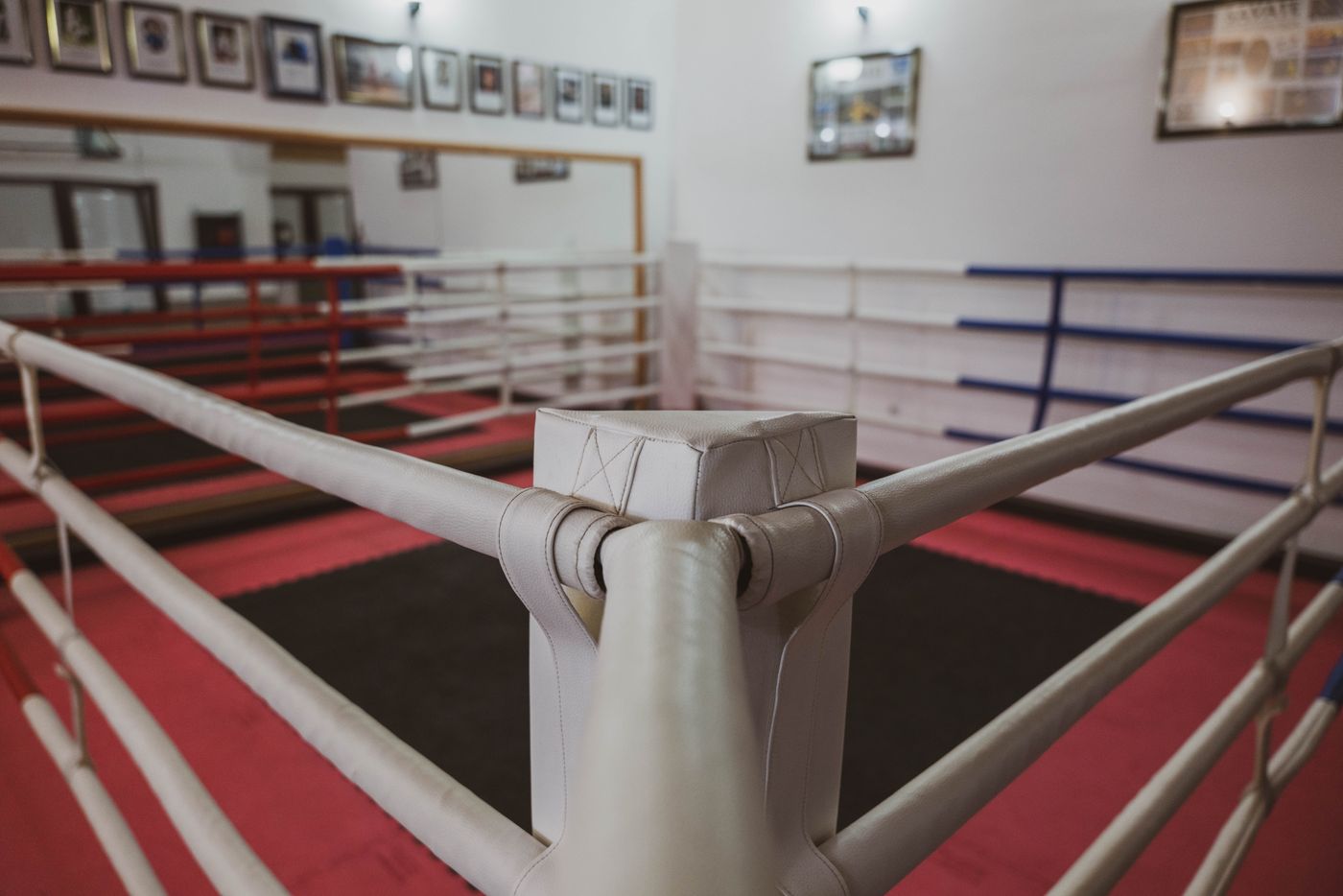 Leerer Boxring mit roten, weißen und blauen Ringseilen