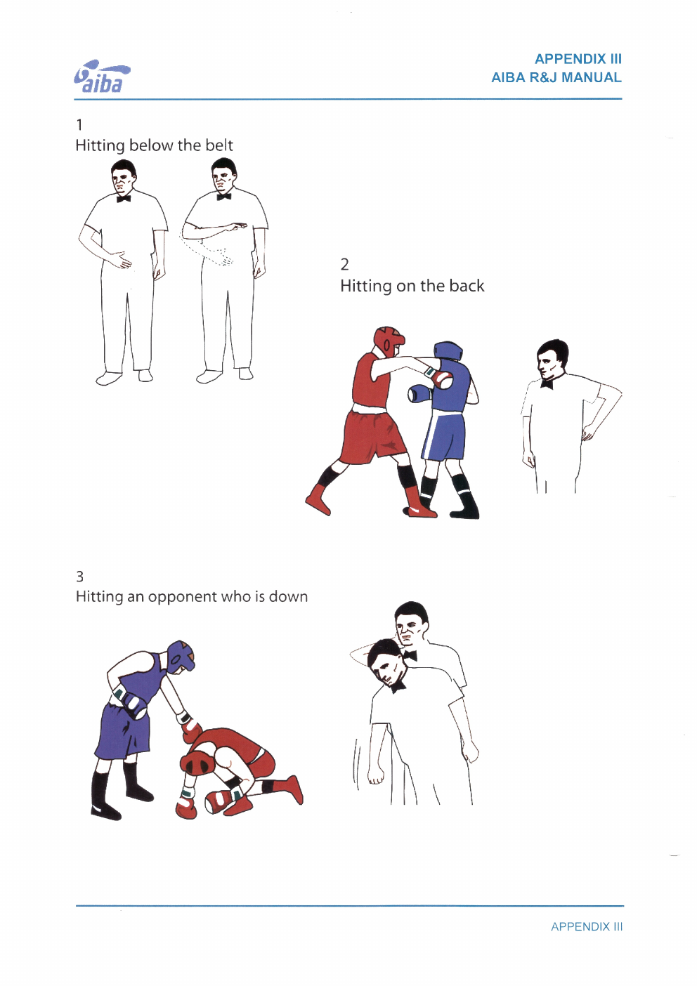 Handzeichen für Tiefschlag, Schlag auf den Rücken und Angriff auf einen zu Boden gegangenen Boxer